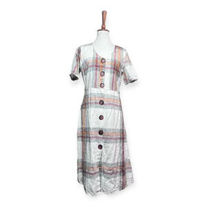 Worthington Womens Cream Rust Plaid Lined Midi Dress Sz S Cottagecore Retro